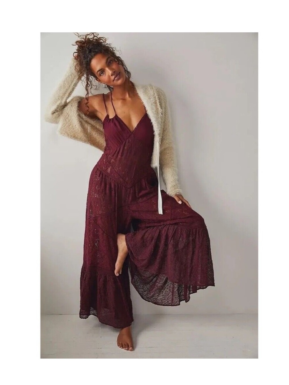 Intimately Free People Make Me Love You Lace Boho Romper S Burgundy Sheer